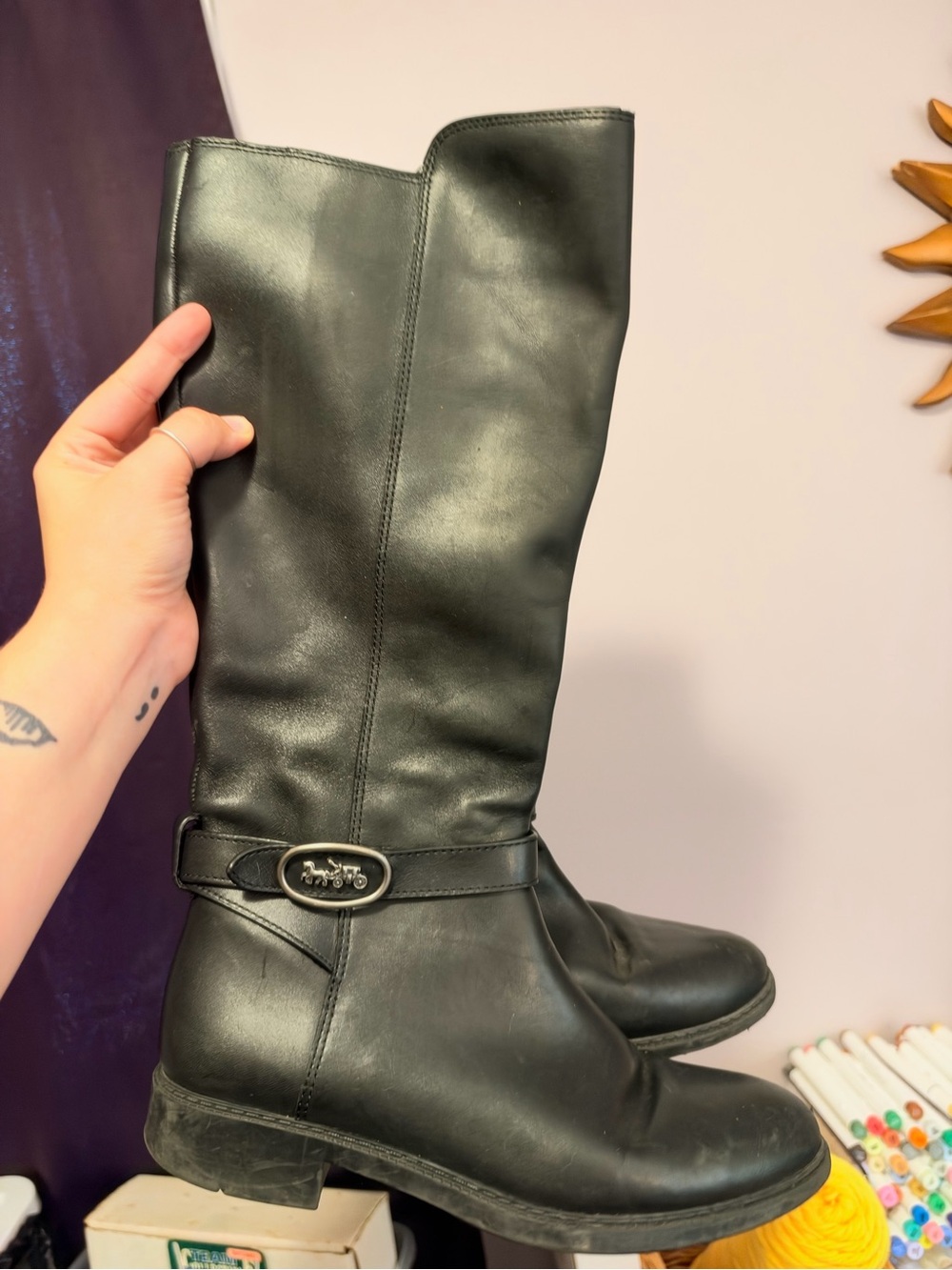 Coach Black Leather Mid-Calf Riding Boots with Signature Buckle